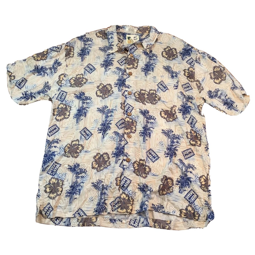 Vintage 90s M.E. Sport Shirt Mens XXL Blue Tan Hawaiian Aloha Floral Coastal Y2K